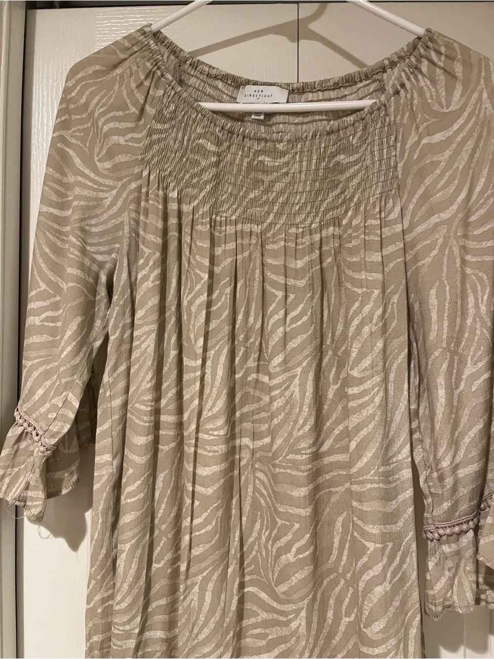 new directions Taupe Zebra-Print Smocked Top